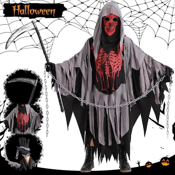 Grim Reaper Children's Halloween Costume Set with Waist Chain and Toy Scythe - Picture 5 of 10